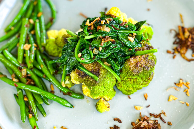 Green Cauliflower, Sautéed Spinach & Green Beans